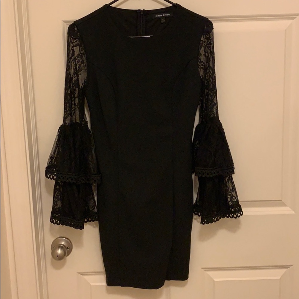 Mini black bodycon dress with flounce sleeves